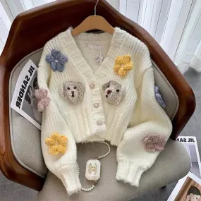 3D Flowers Decorated Knitted Cardigan