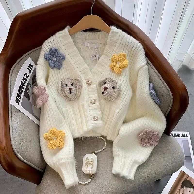 3D Flowers Decorated Knitted Cardigan