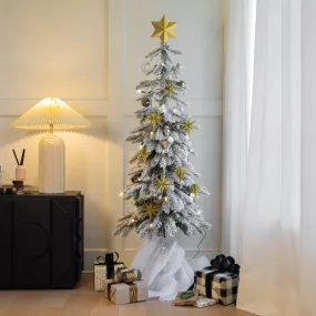 4.6' ft Frosted Alpine Slim Christmas Tree w/Ornaments & Planter Pre-Lit