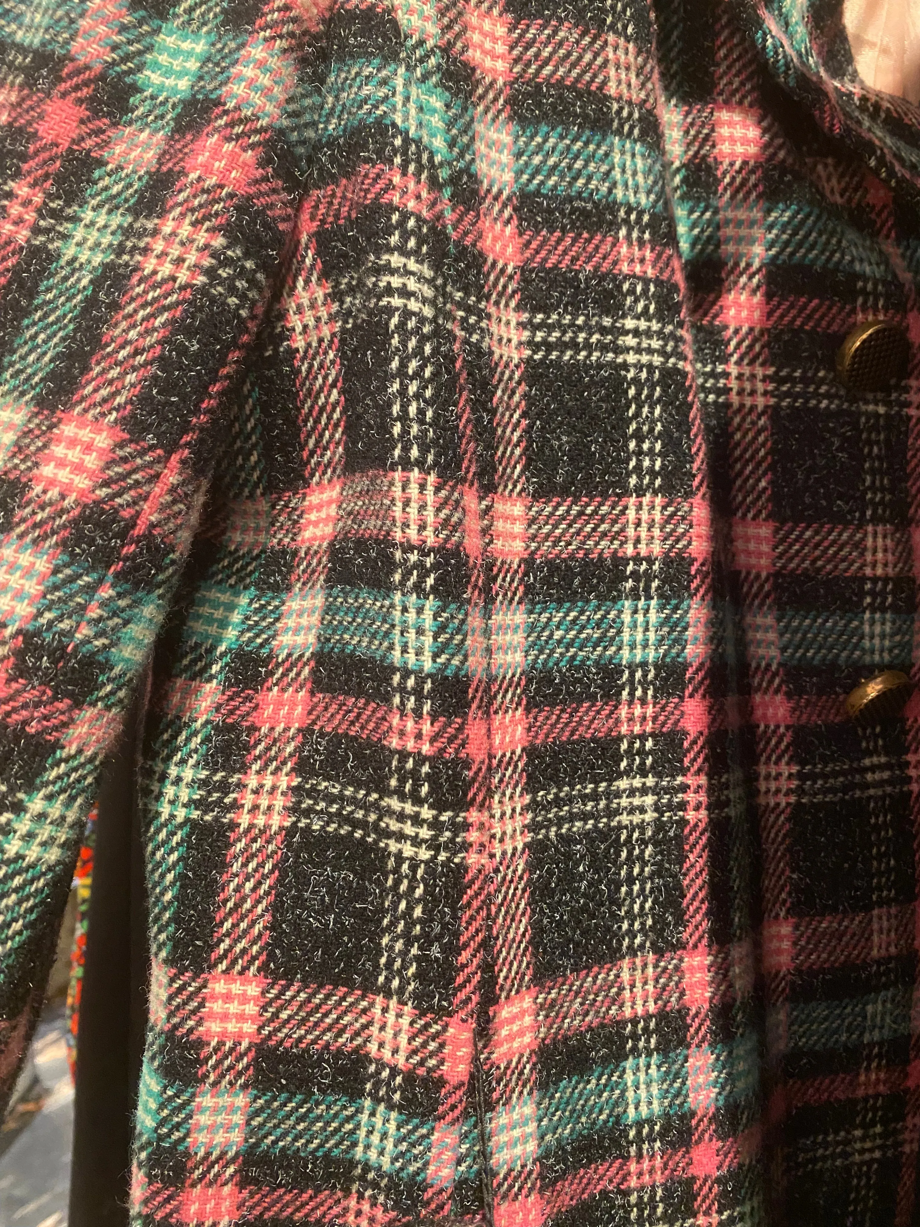 Adorable 1960's Pink & Teal Plaid Peacoat / Sz M