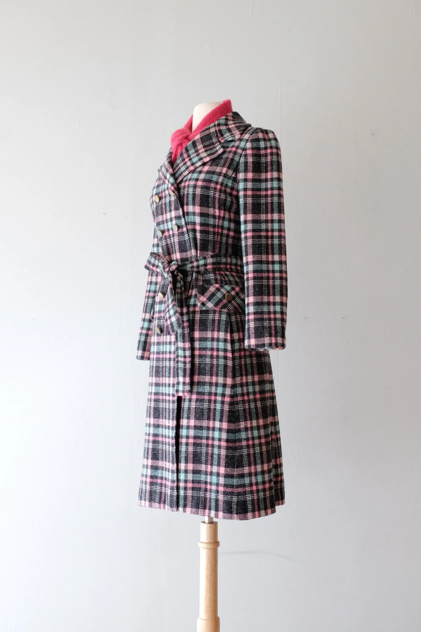 Adorable 1960's Pink & Teal Plaid Peacoat / Sz M