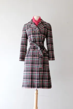 Adorable 1960's Pink & Teal Plaid Peacoat / Sz M