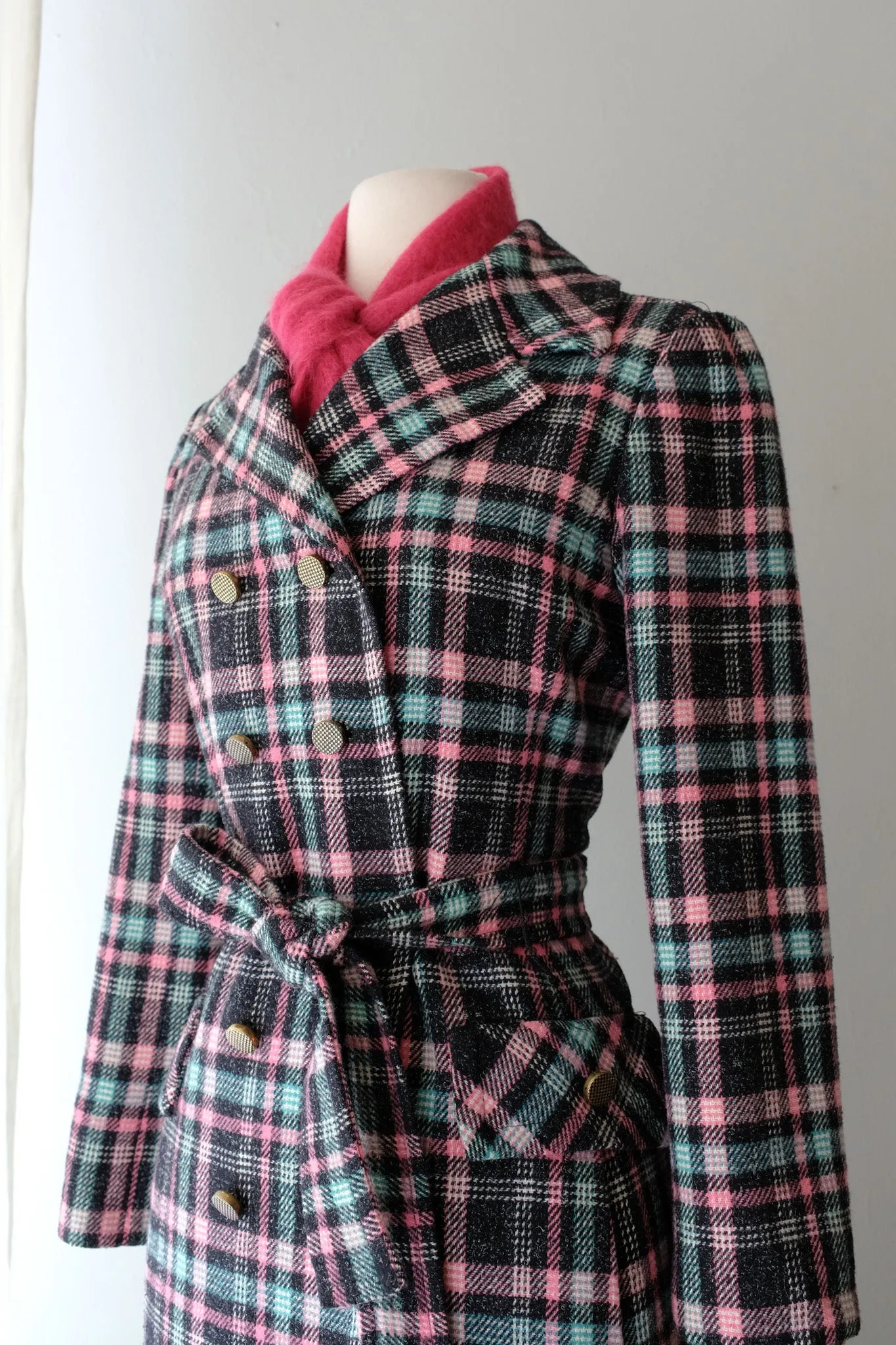 Adorable 1960's Pink & Teal Plaid Peacoat / Sz M