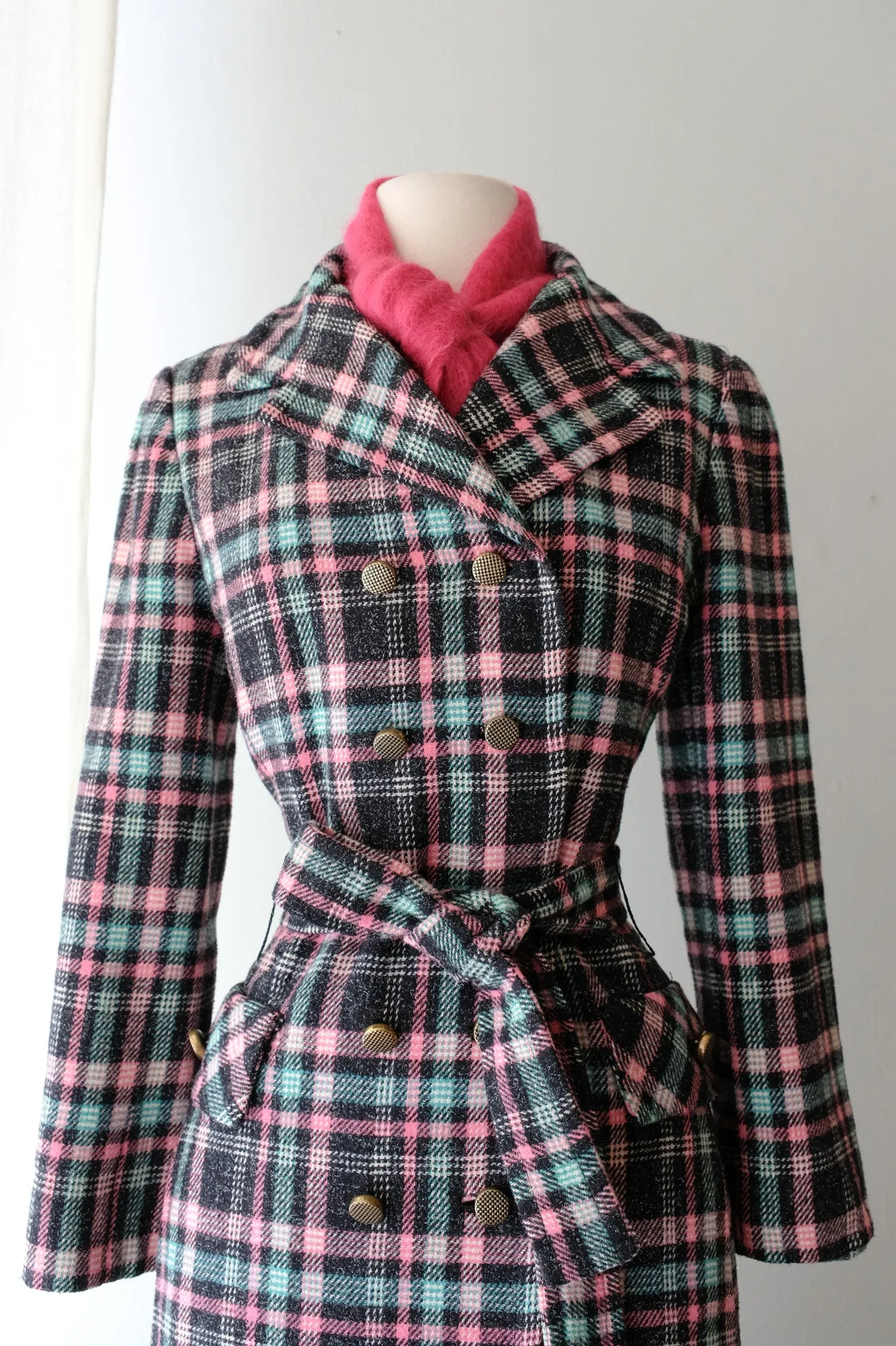 Adorable 1960's Pink & Teal Plaid Peacoat / Sz M