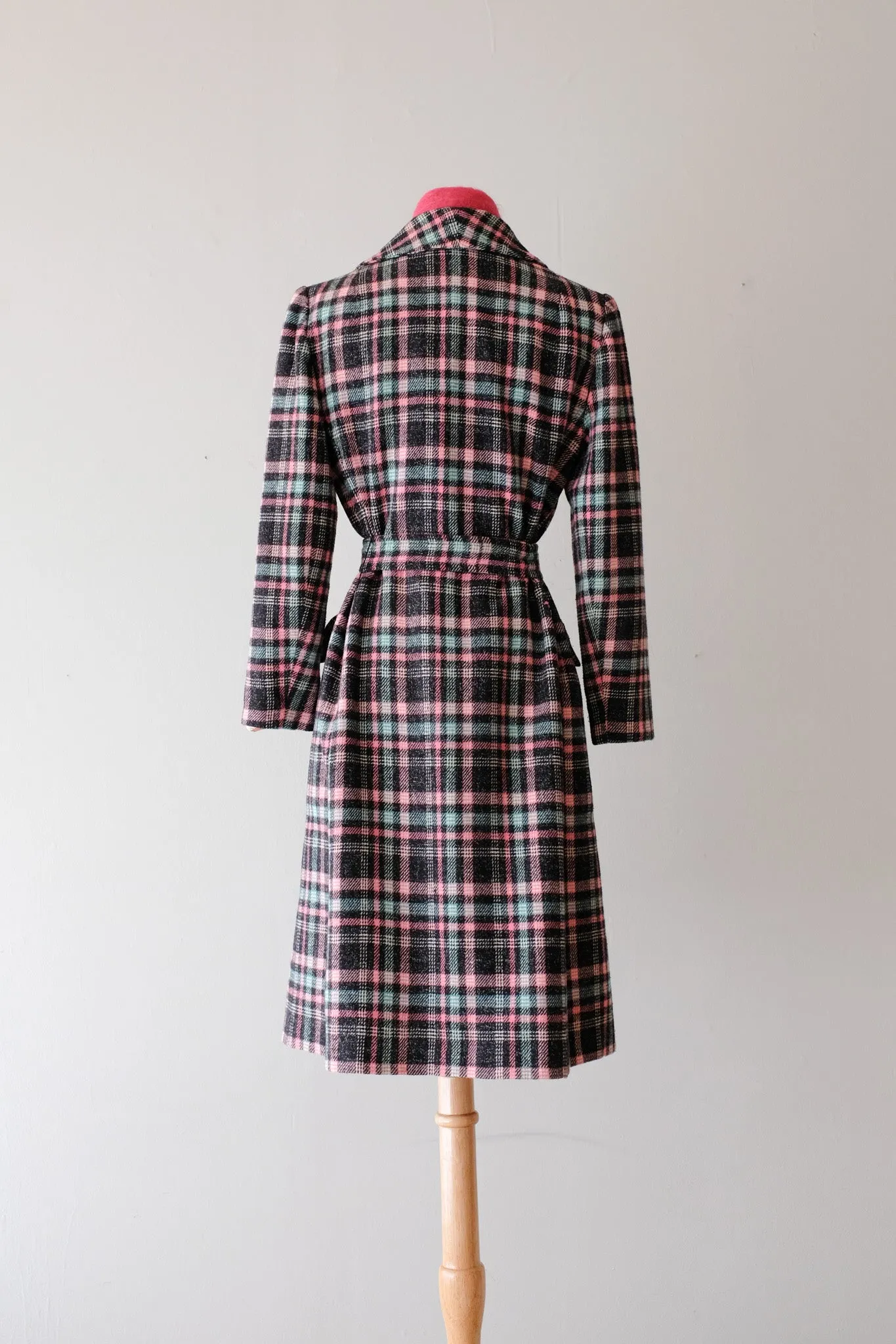 Adorable 1960's Pink & Teal Plaid Peacoat / Sz M
