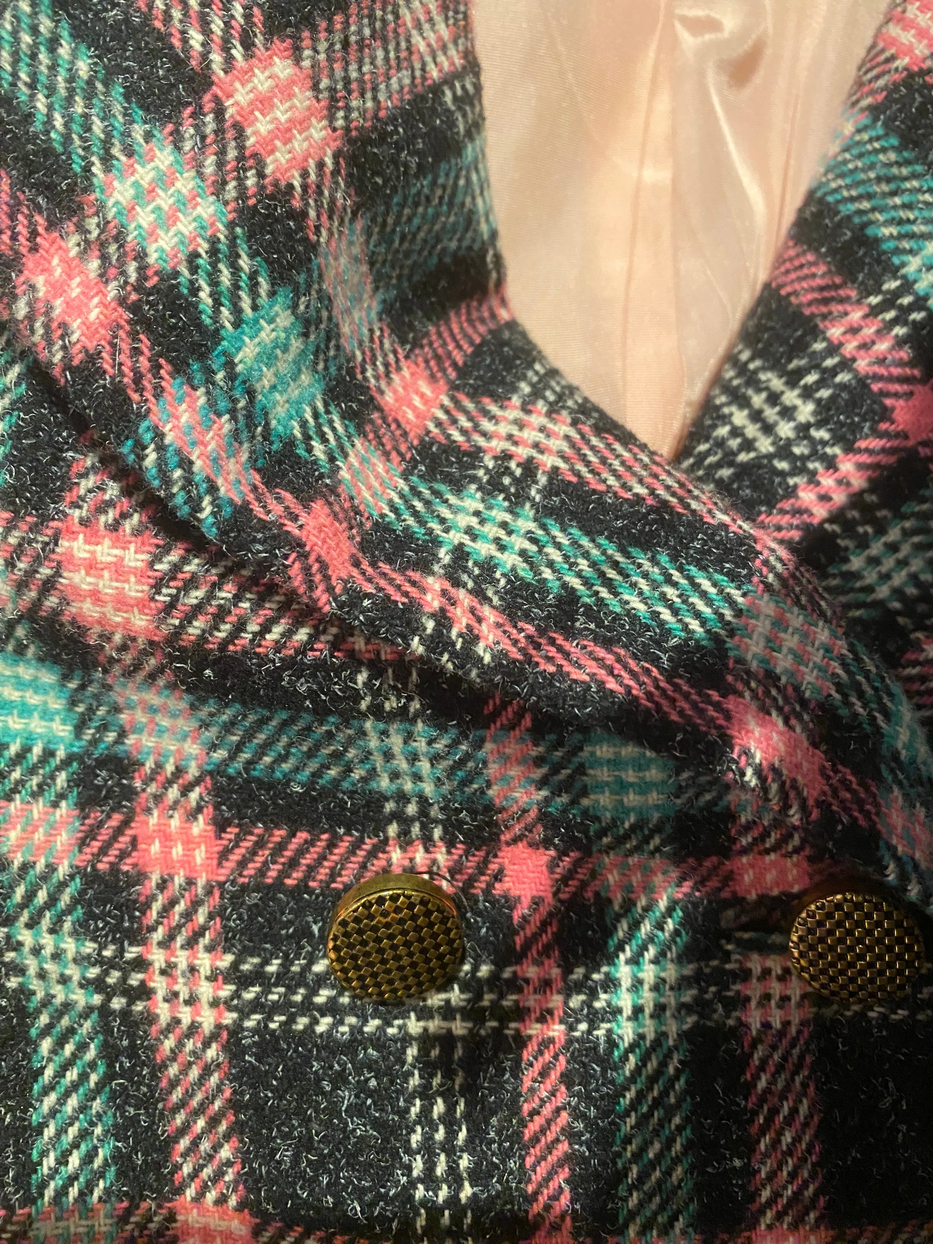 Adorable 1960's Pink & Teal Plaid Peacoat / Sz M