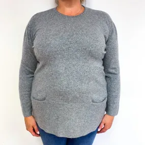Ash Grey Cashmere Crew Neck Jumper with Pockets Extra Large