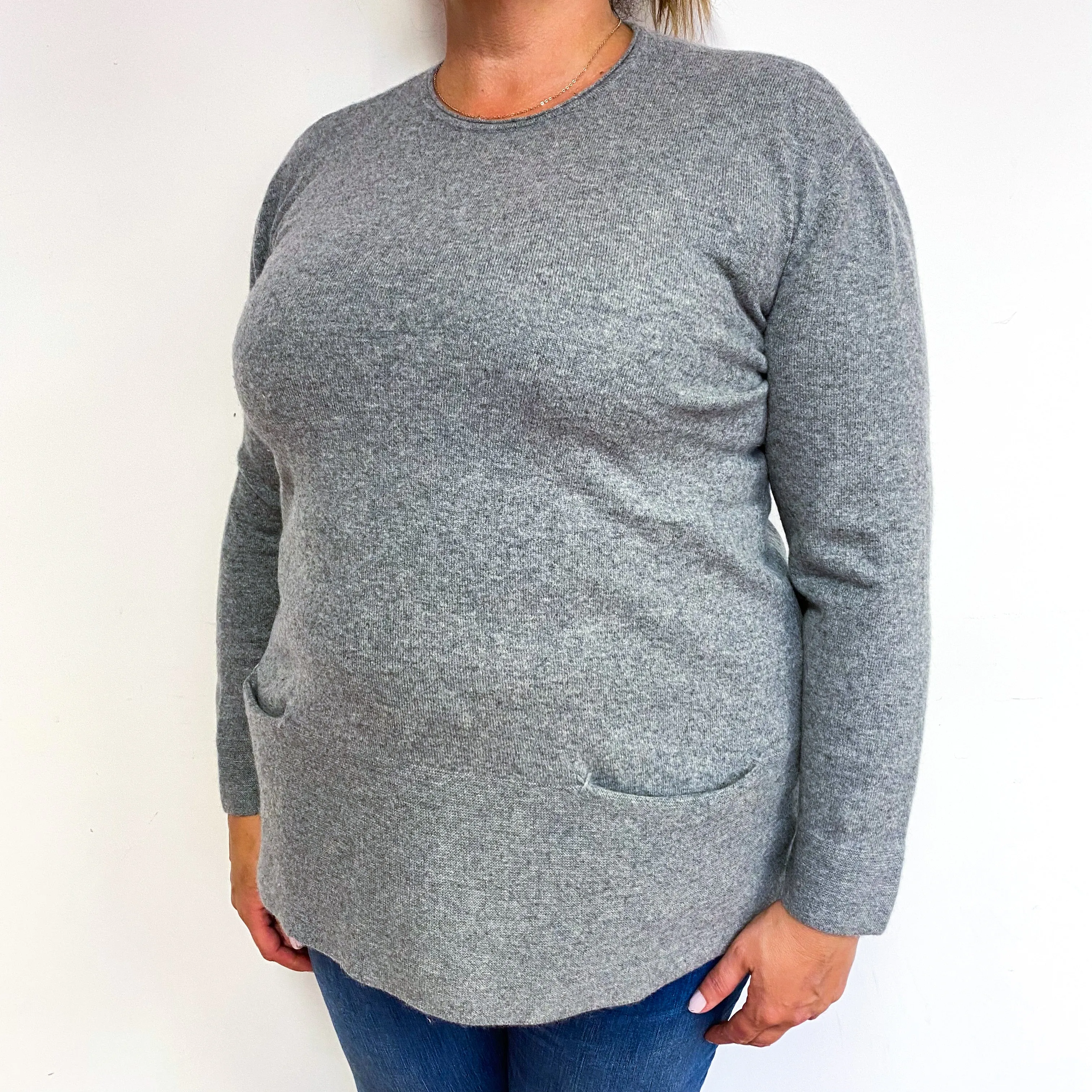 Ash Grey Cashmere Crew Neck Jumper with Pockets Extra Large