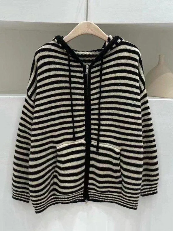 Back To School Sonicelife Hooded Striped Long Sleeve Knit Cardigan