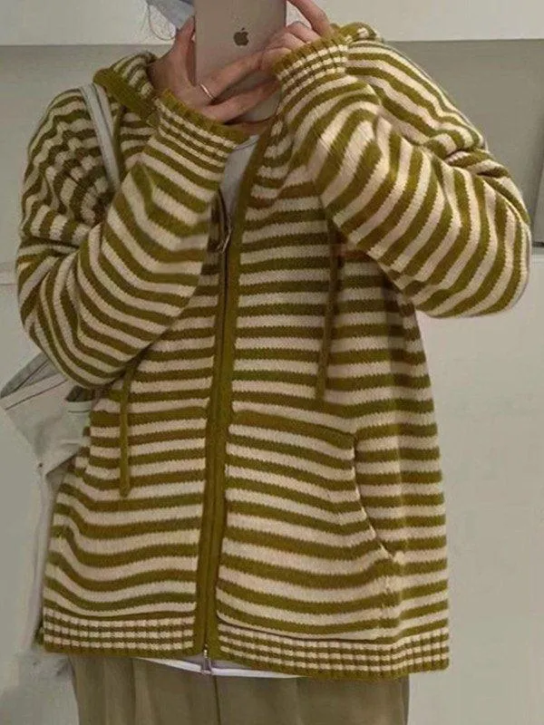 Back To School Sonicelife Hooded Striped Long Sleeve Knit Cardigan