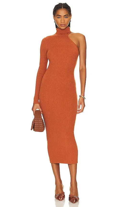 Bardot Asymmetric Sleeve Knit Dress in Rust