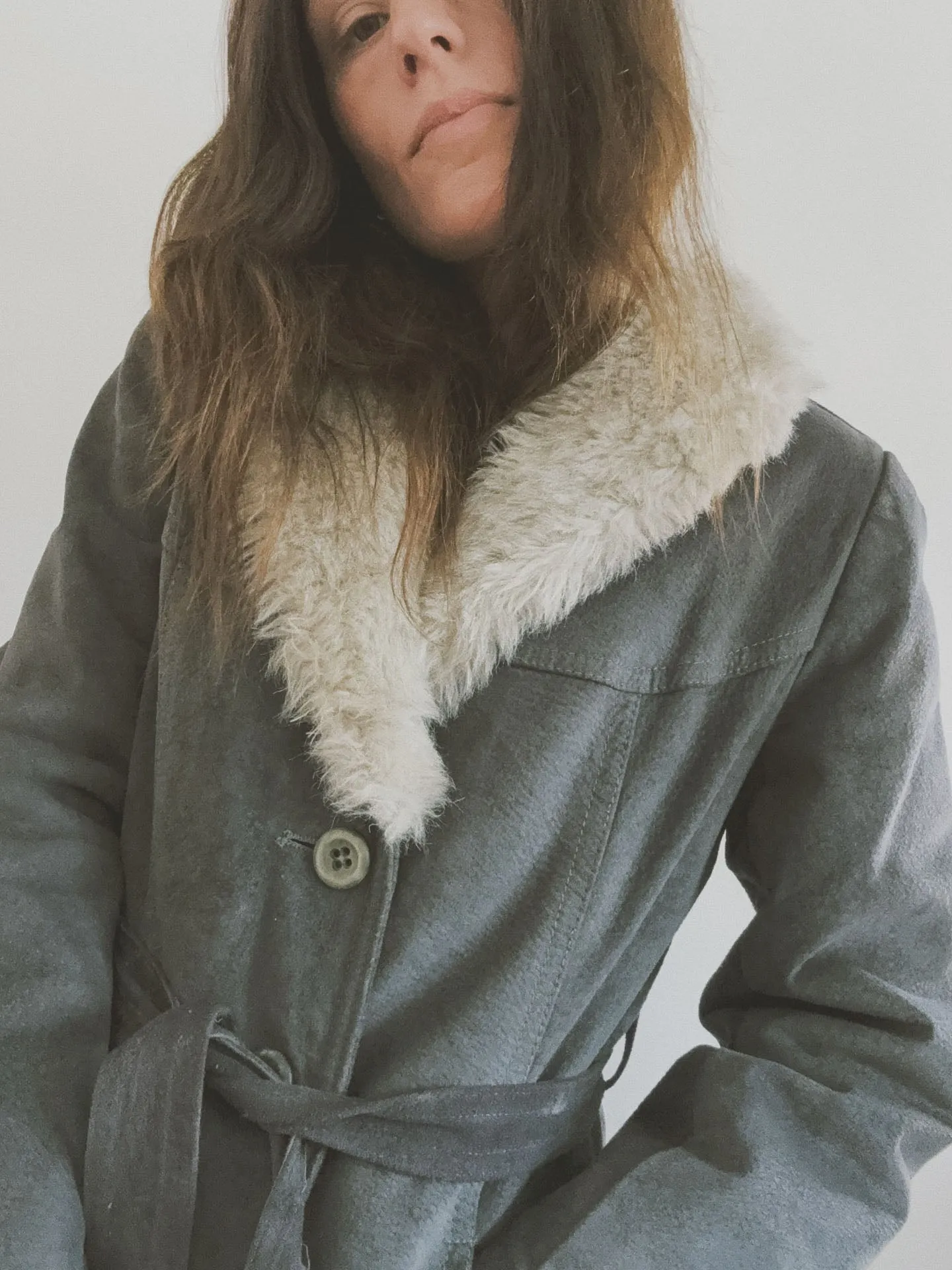 Belted Coat with Fur Collar, Grey Suede