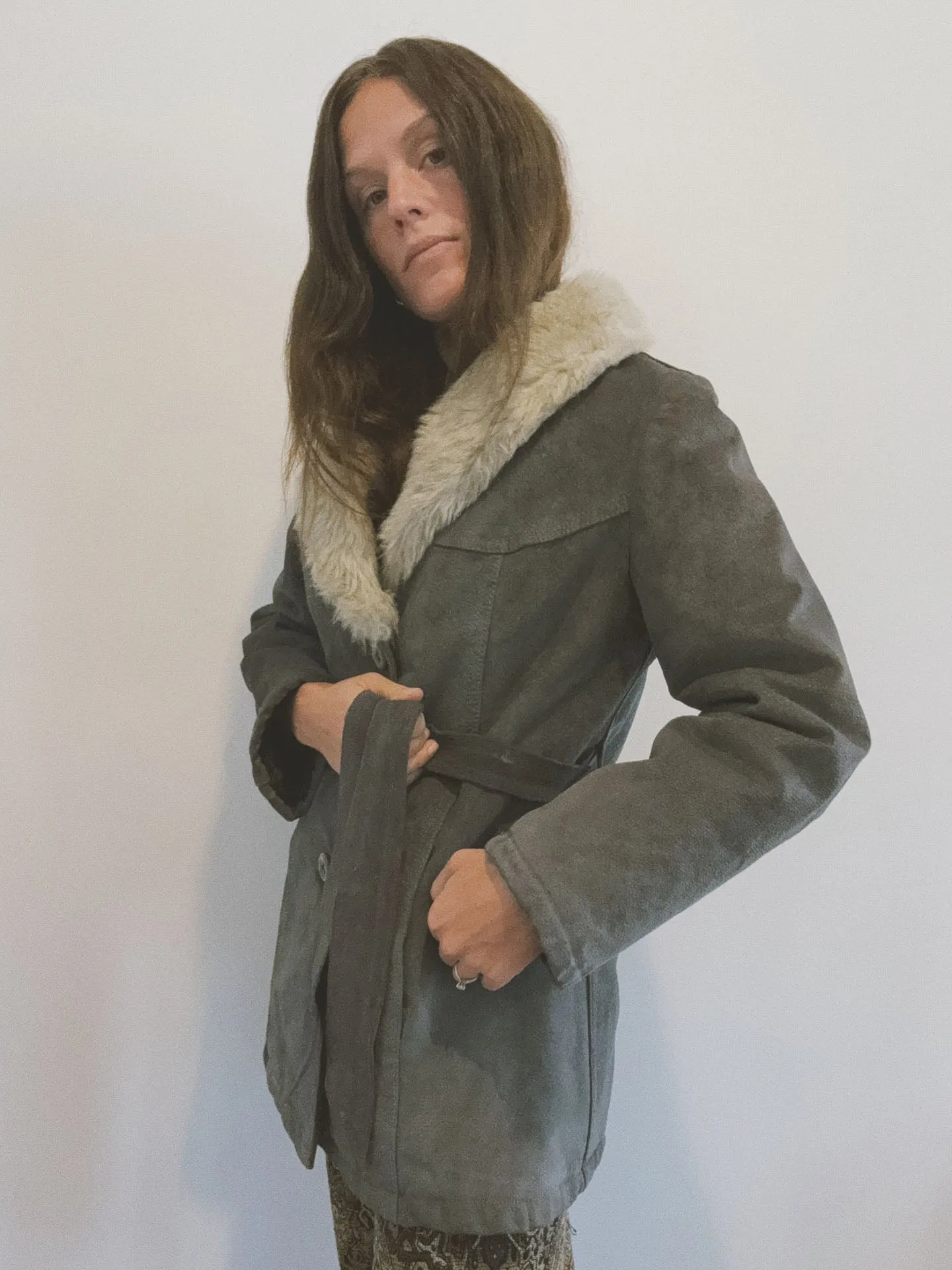 Belted Coat with Fur Collar, Grey Suede