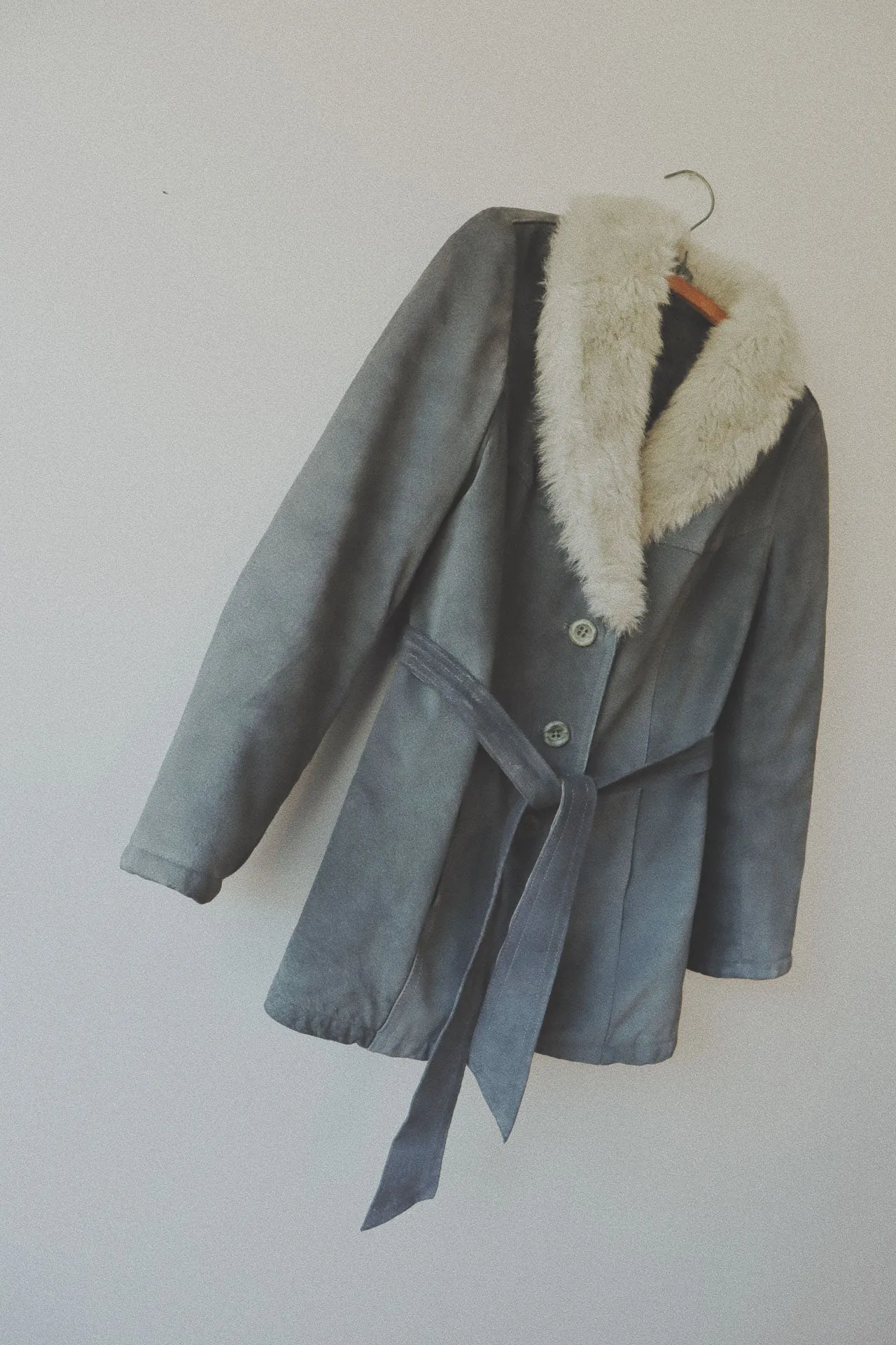 Belted Coat with Fur Collar, Grey Suede