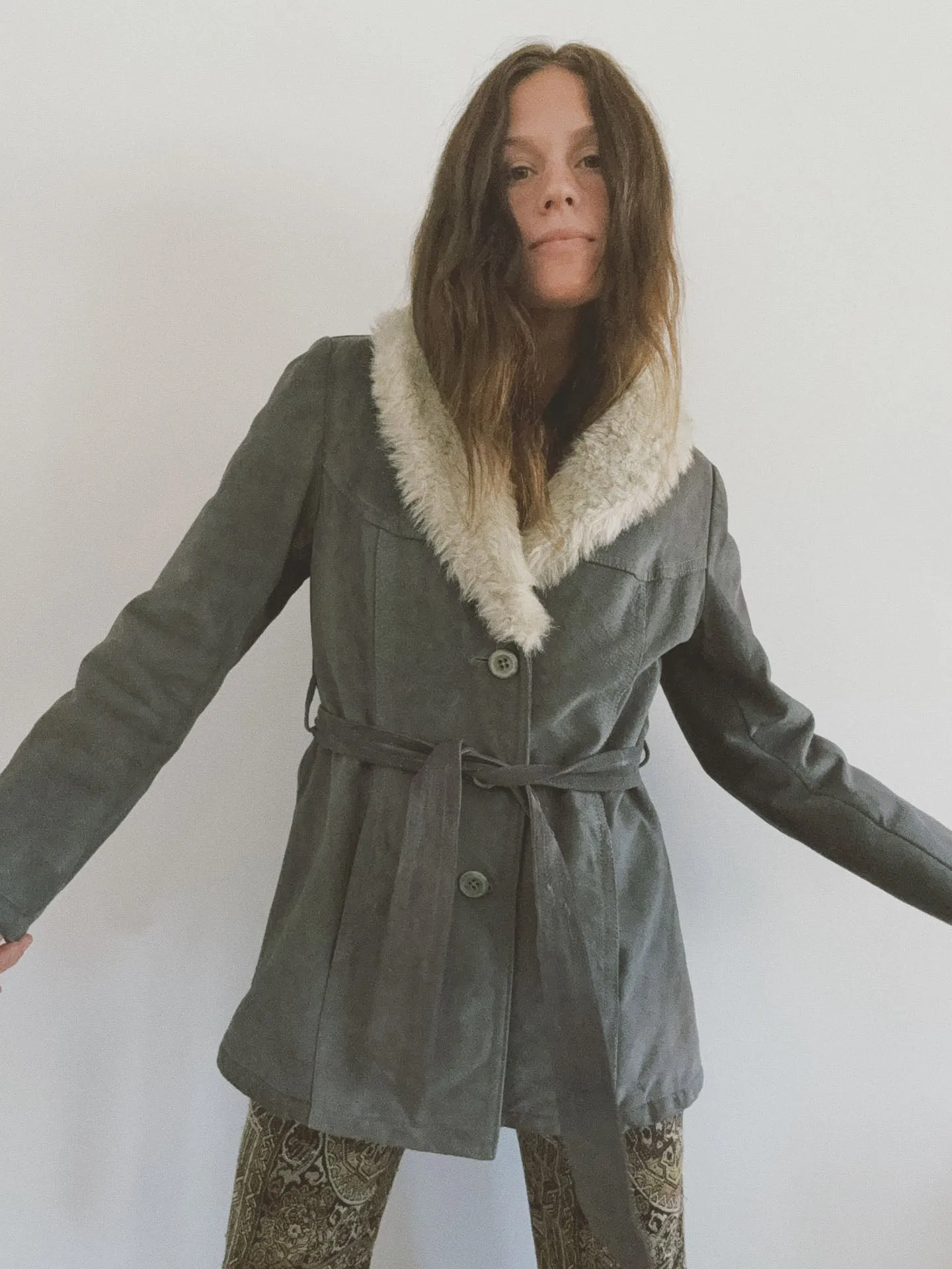 Belted Coat with Fur Collar, Grey Suede
