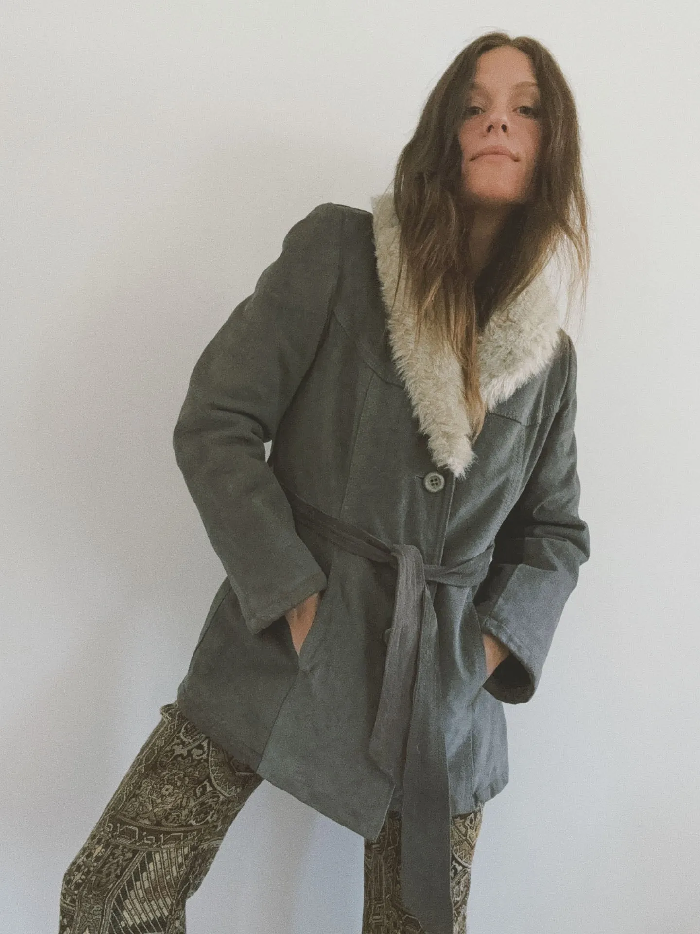 Belted Coat with Fur Collar, Grey Suede
