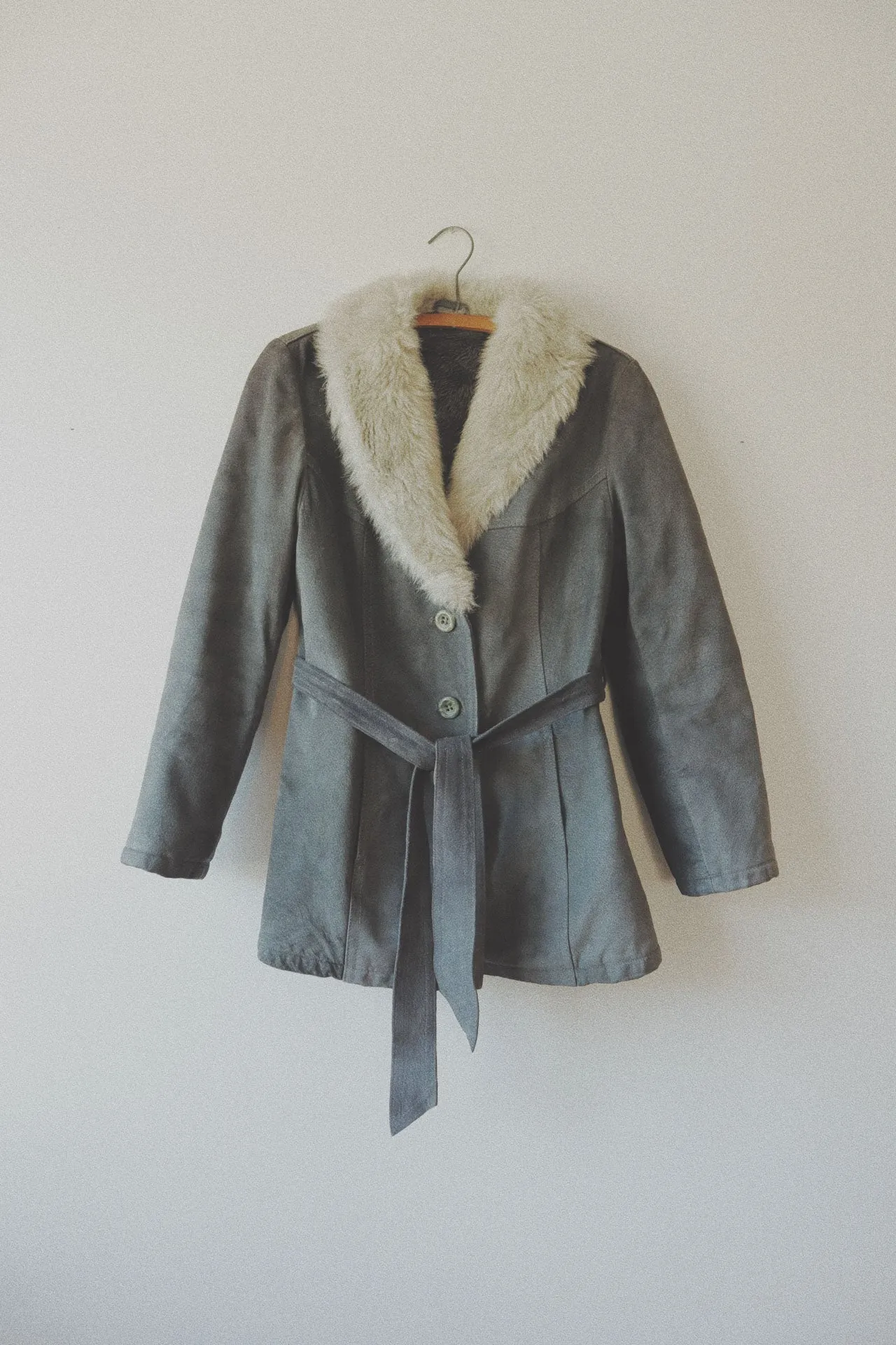 Belted Coat with Fur Collar, Grey Suede