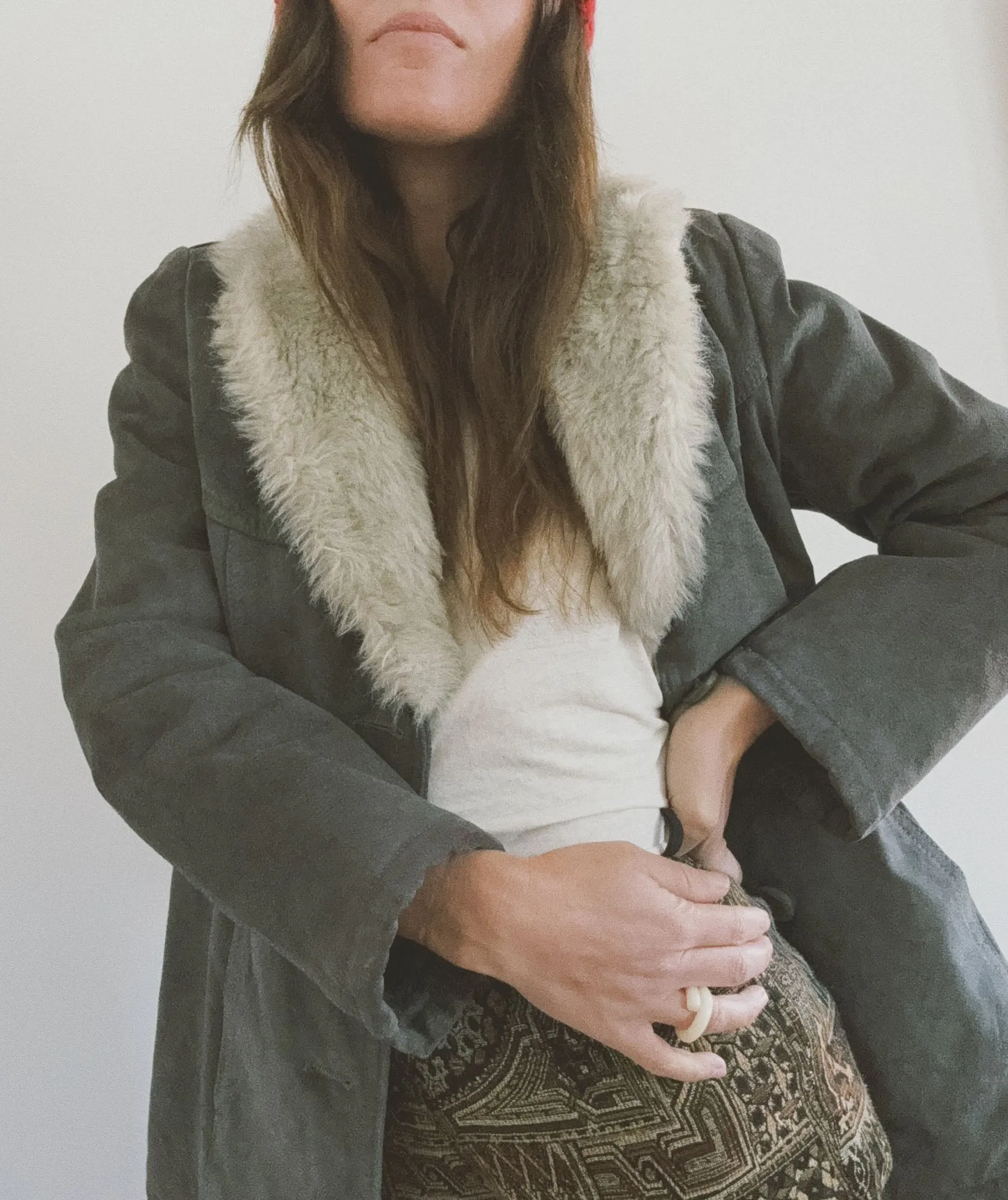 Belted Coat with Fur Collar, Grey Suede