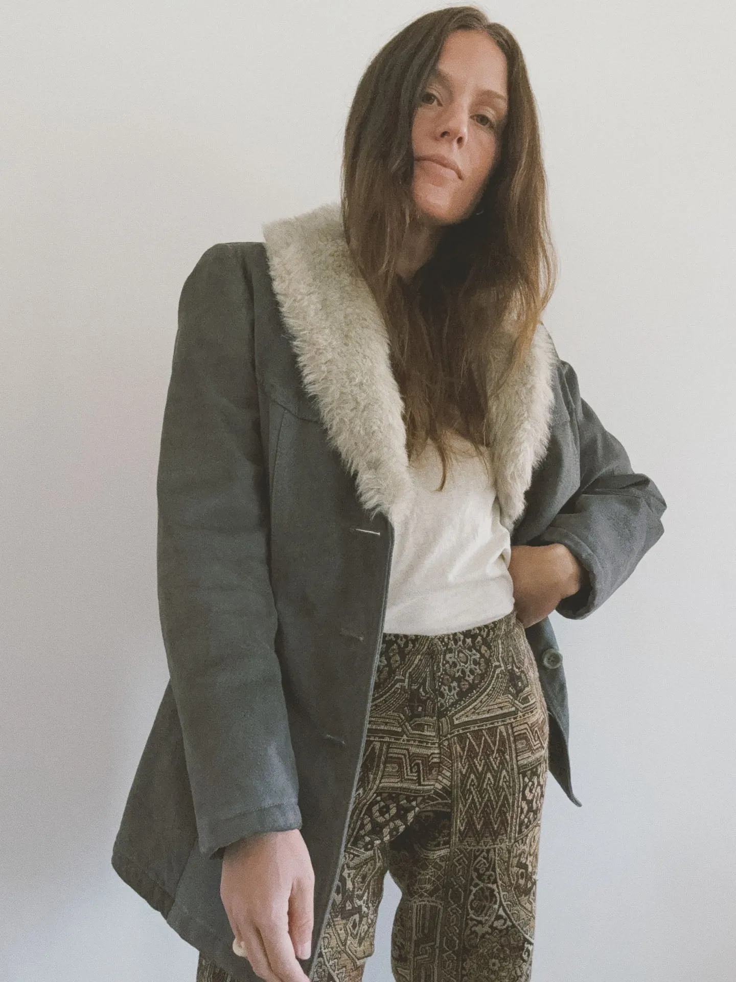 Belted Coat with Fur Collar, Grey Suede
