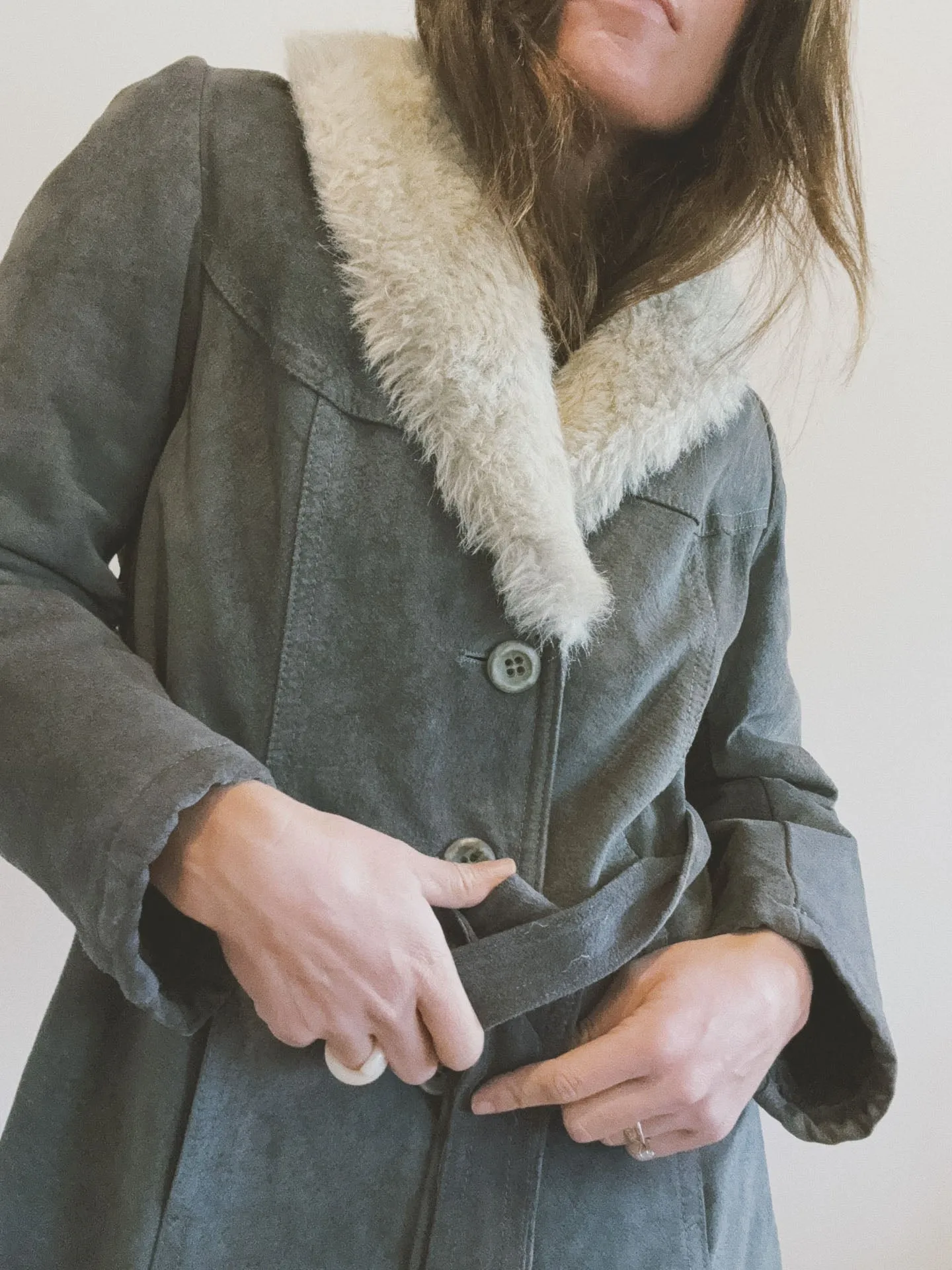 Belted Coat with Fur Collar, Grey Suede