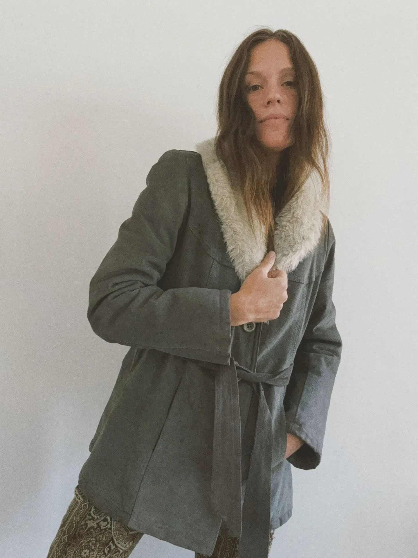 Belted Coat with Fur Collar, Grey Suede
