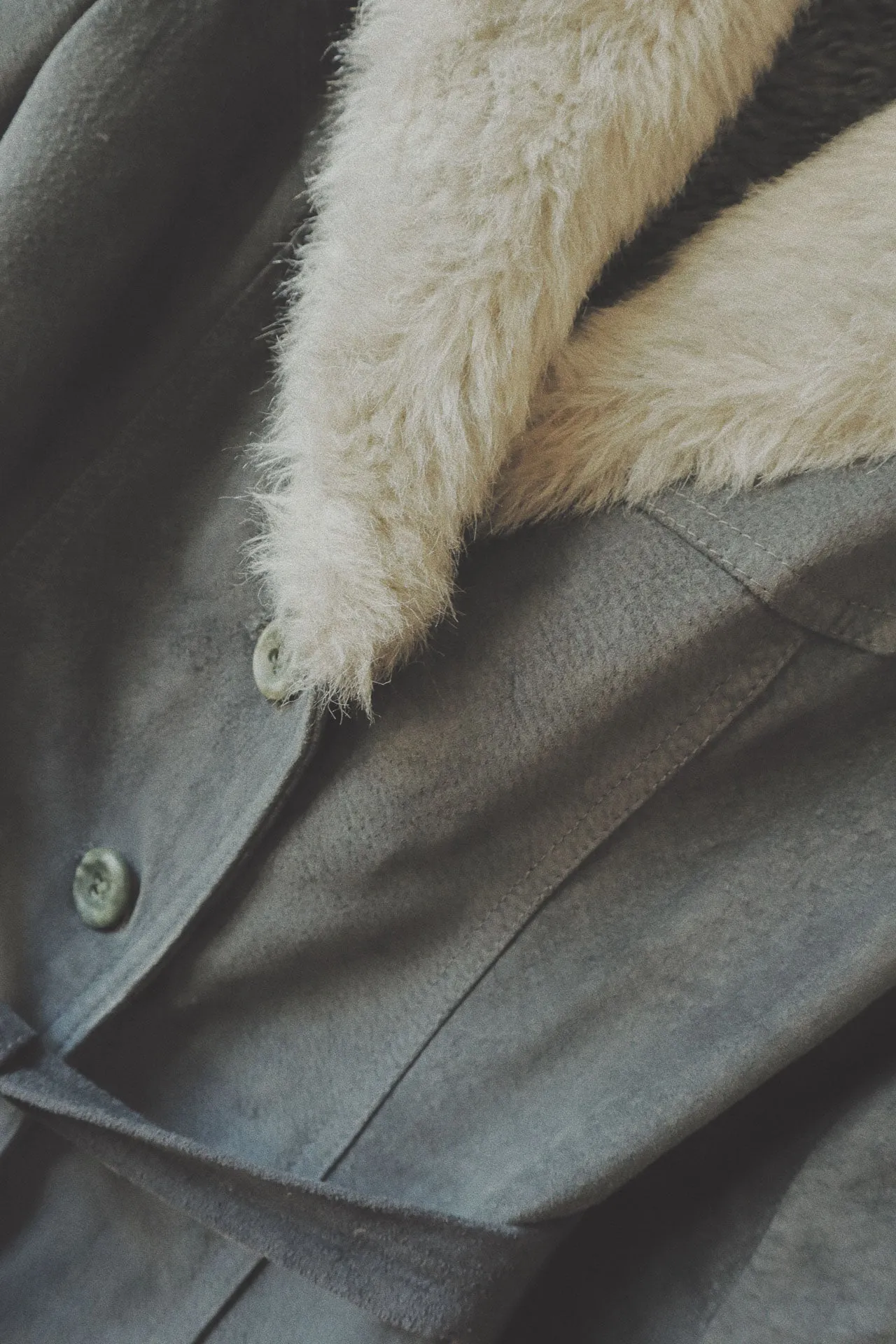 Belted Coat with Fur Collar, Grey Suede