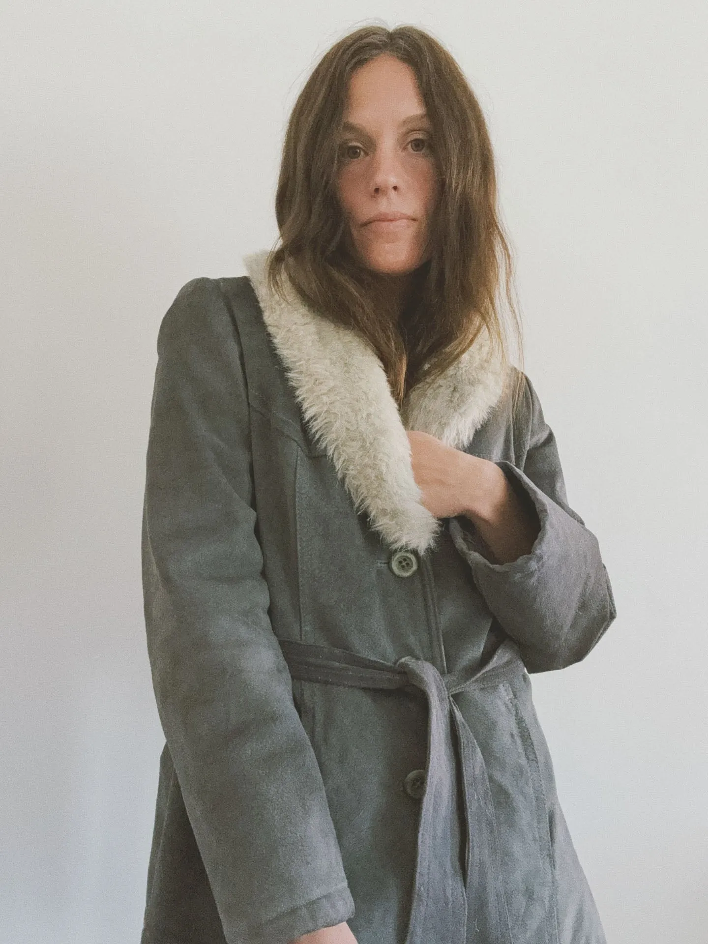 Belted Coat with Fur Collar, Grey Suede