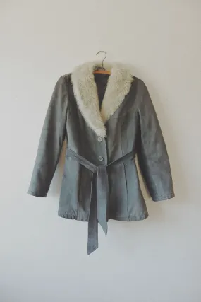 Belted Coat with Fur Collar, Grey Suede
