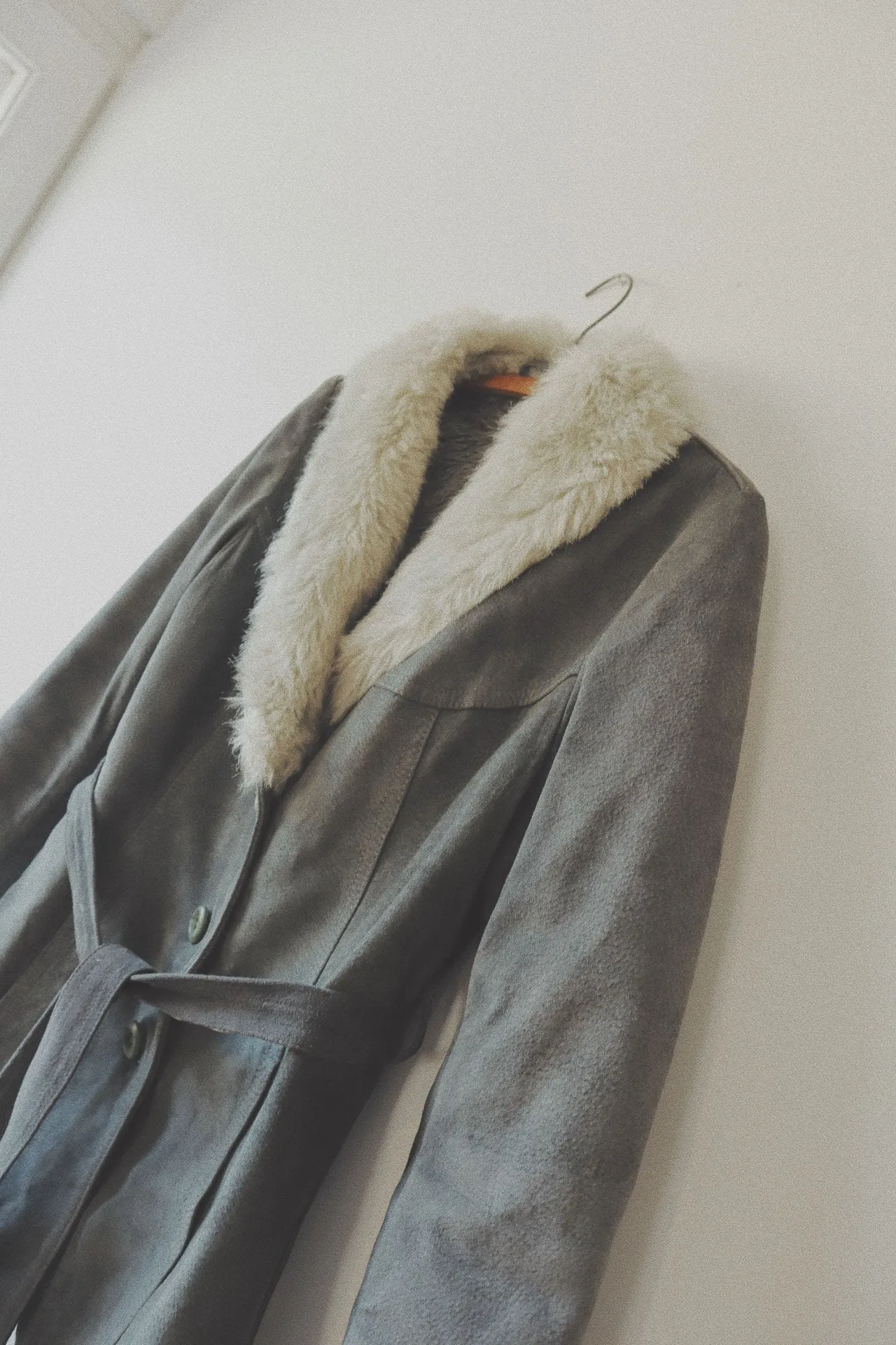 Belted Coat with Fur Collar, Grey Suede