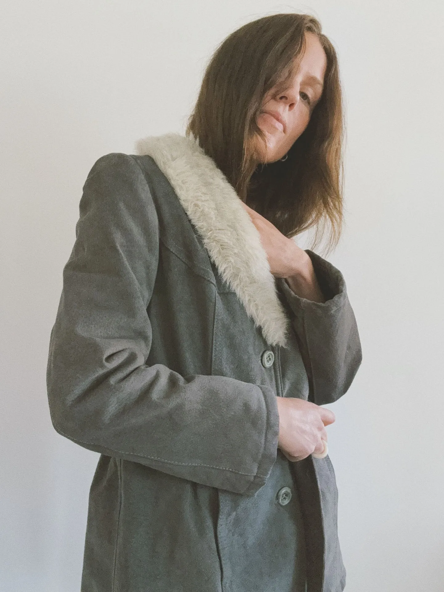 Belted Coat with Fur Collar, Grey Suede