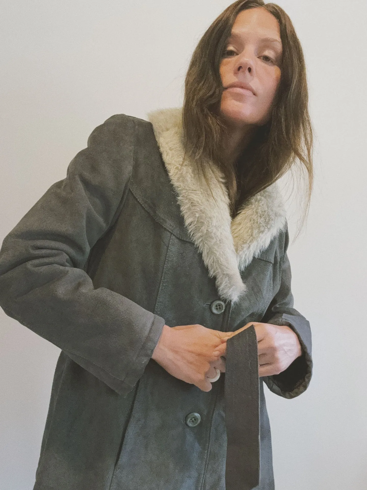 Belted Coat with Fur Collar, Grey Suede
