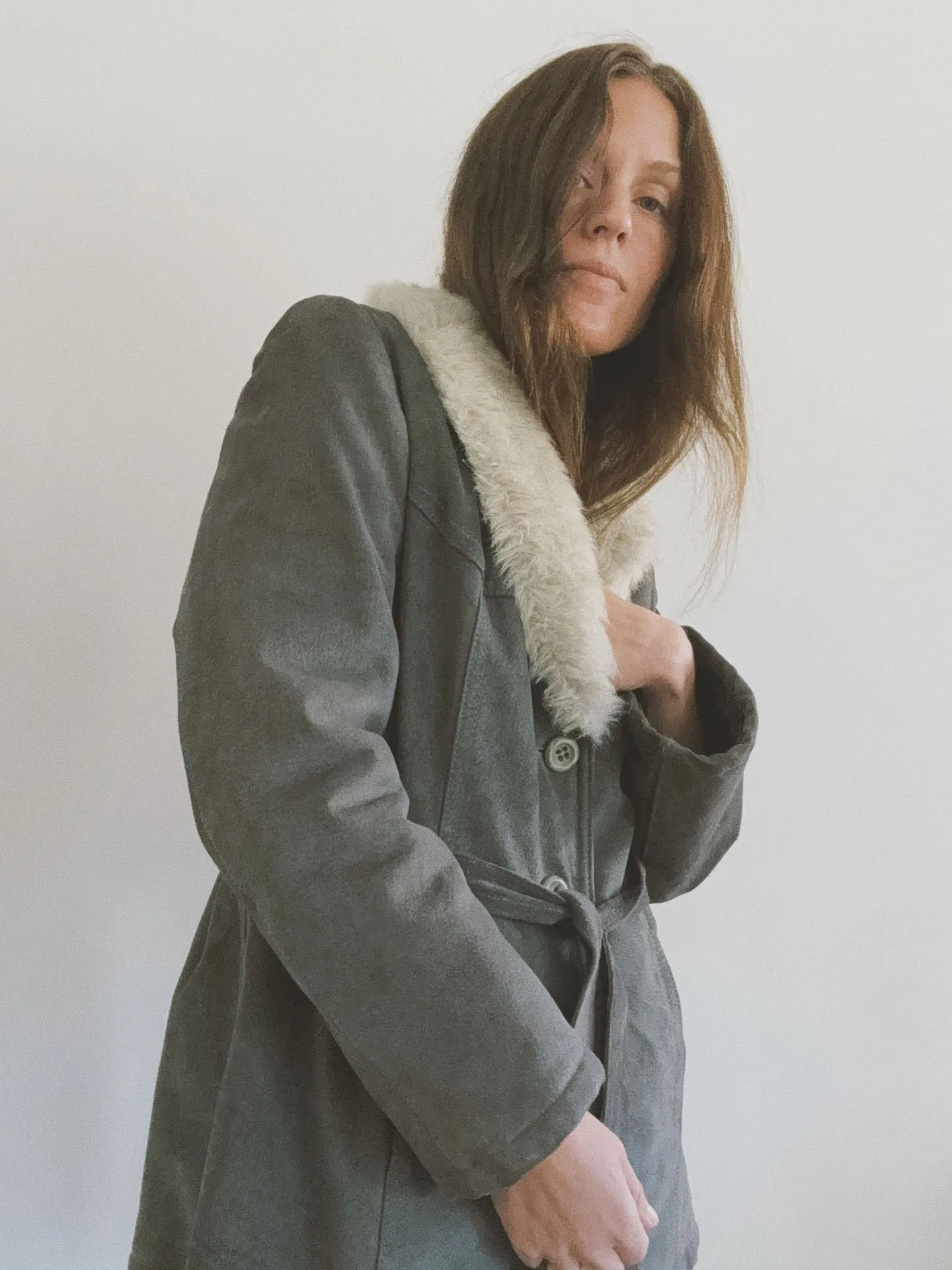 Belted Coat with Fur Collar, Grey Suede