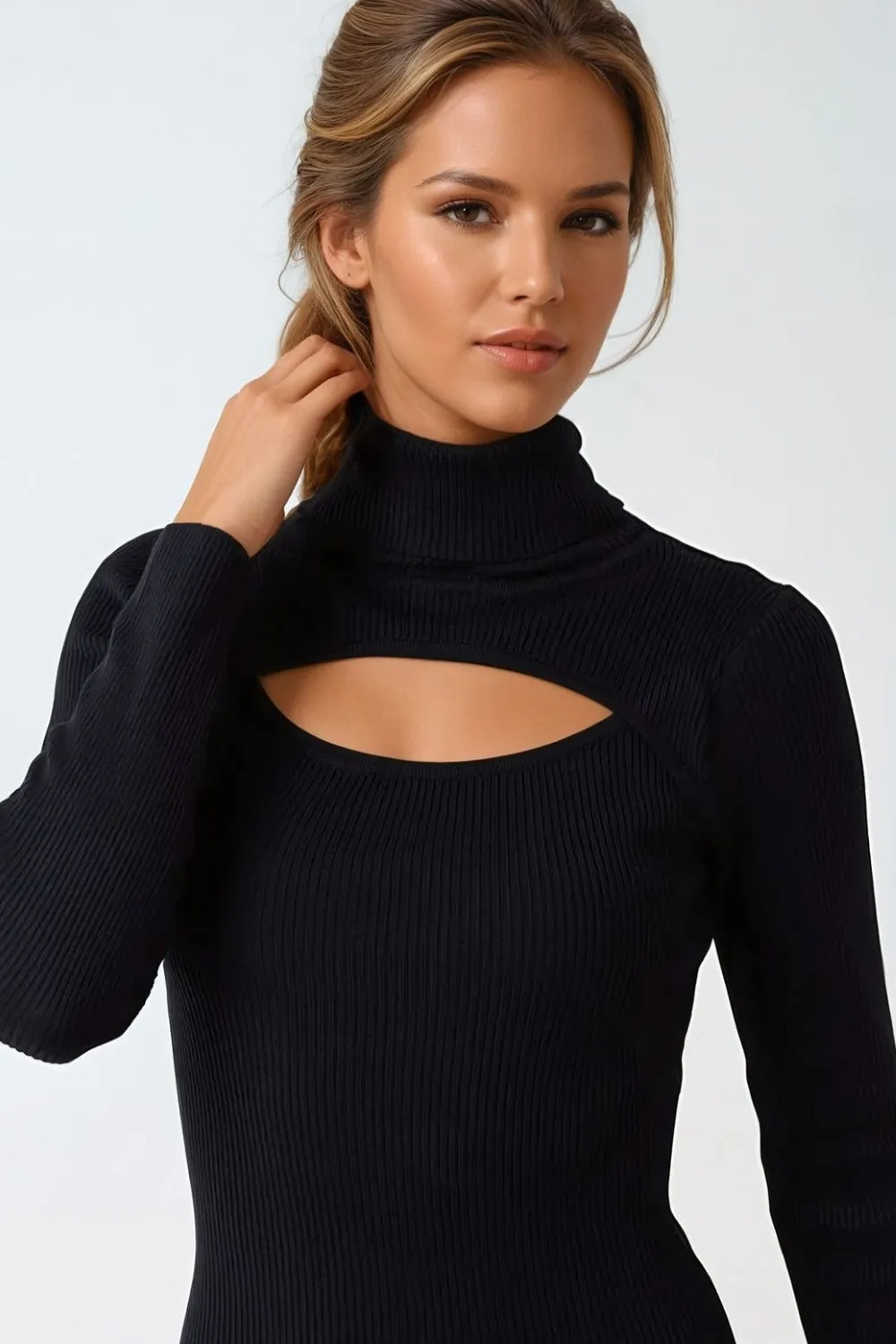 Black Ribbed Cut Out Roll Neck Dress