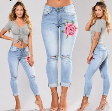 Blue low waist pencil Ripped embroidery denim jeans