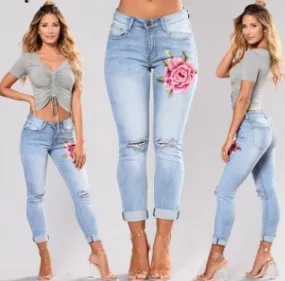 Blue low waist pencil Ripped embroidery denim jeans