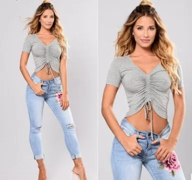 Blue low waist pencil Ripped embroidery denim jeans