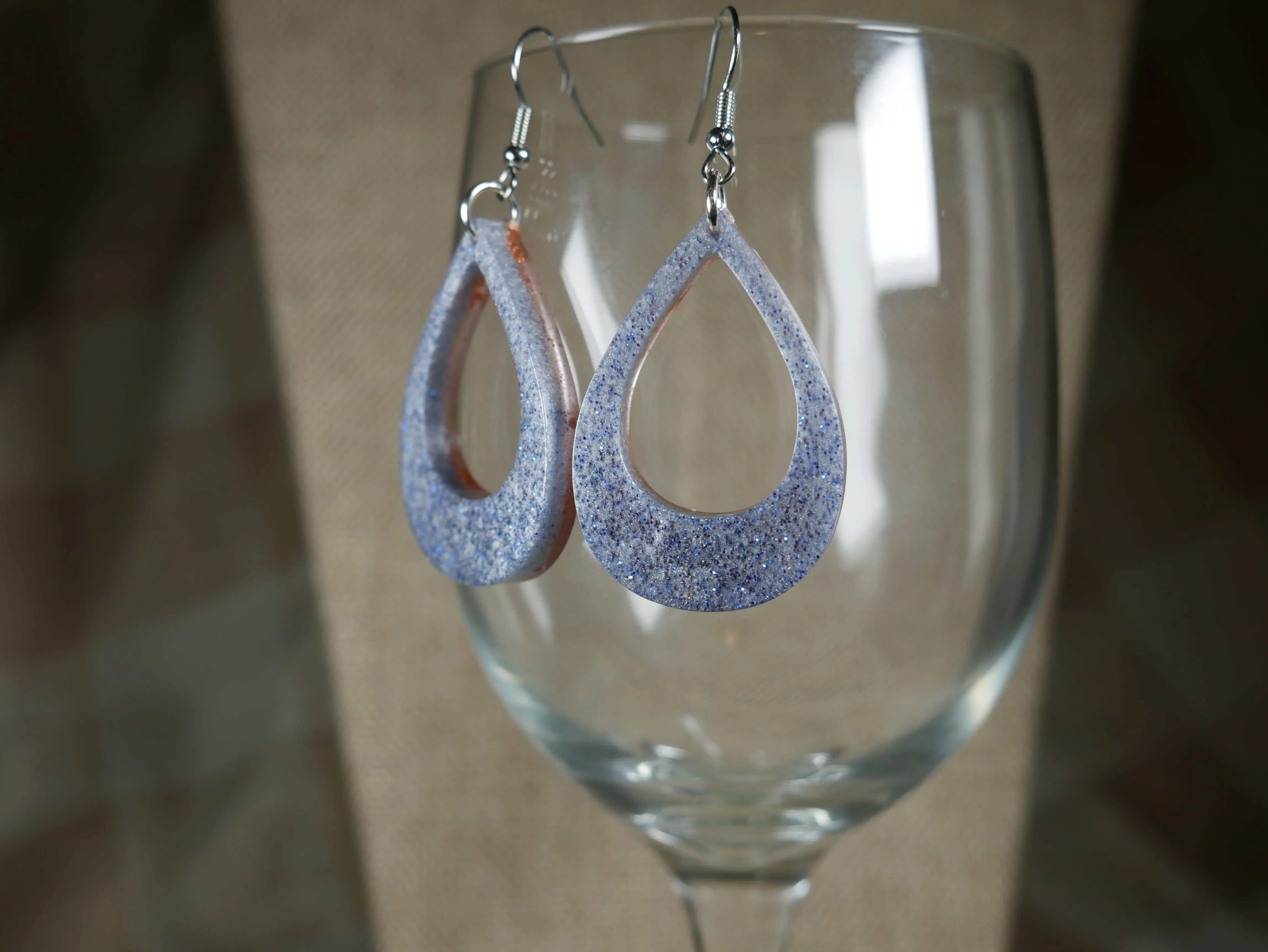 Blue, White and Silver Sparkly Resin Teardrop Loop Earrings