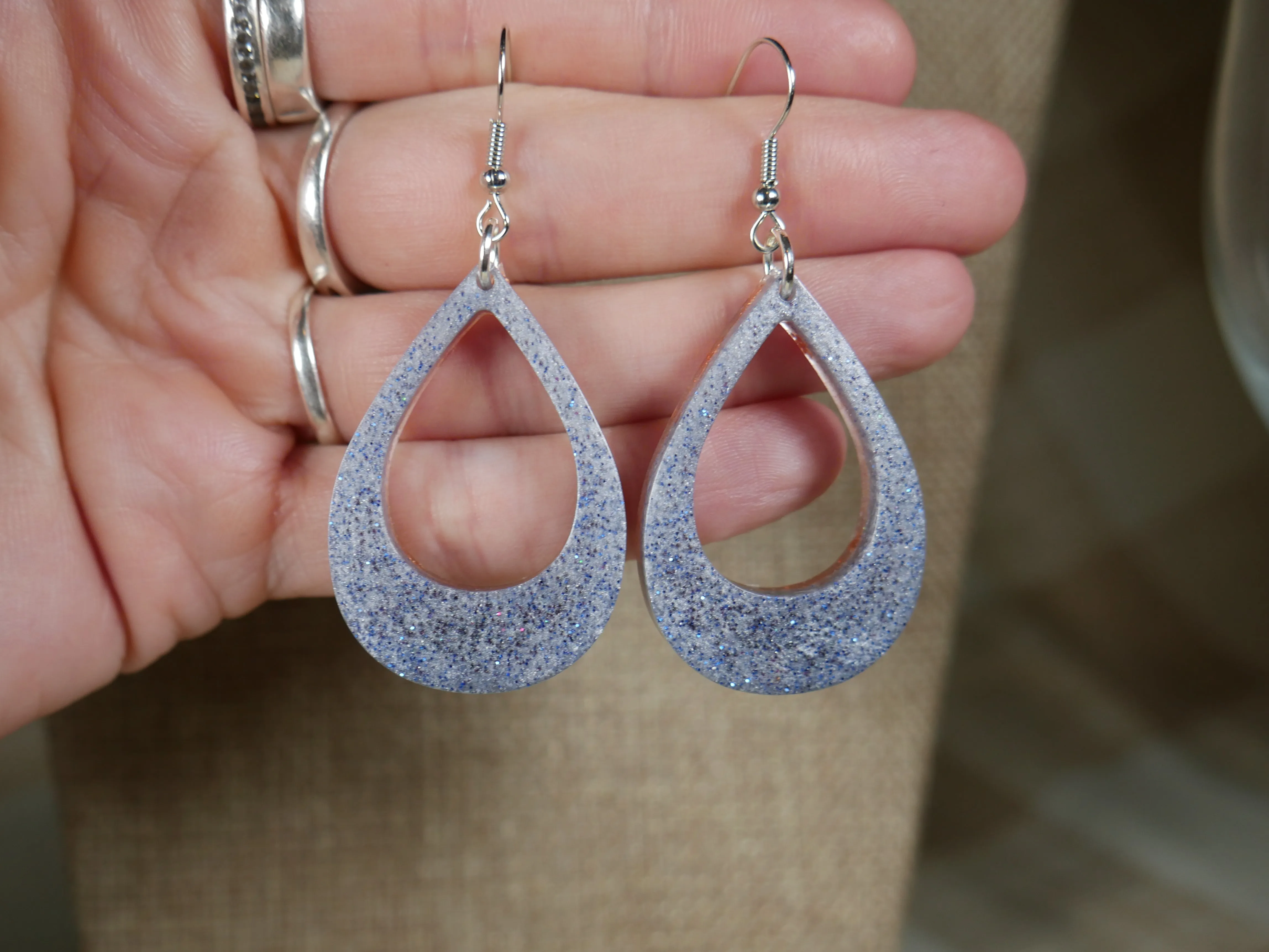 Blue, White and Silver Sparkly Resin Teardrop Loop Earrings