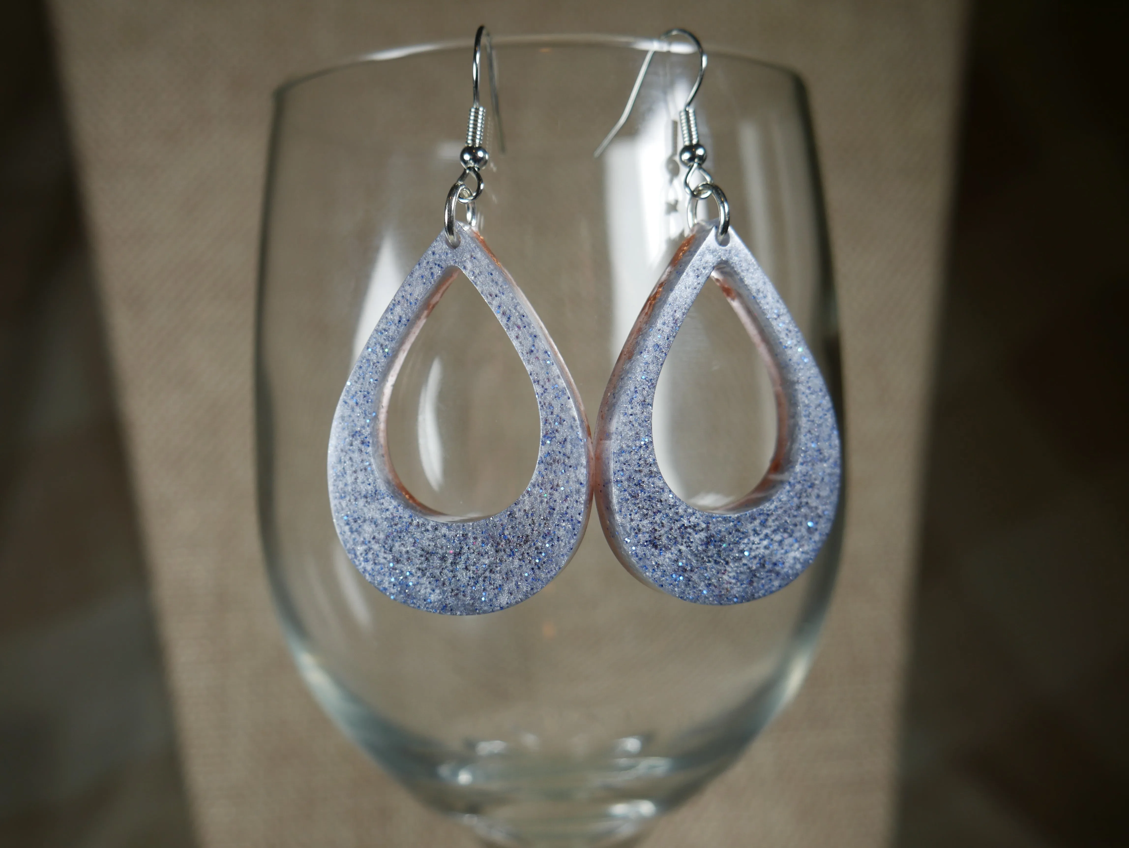 Blue, White and Silver Sparkly Resin Teardrop Loop Earrings
