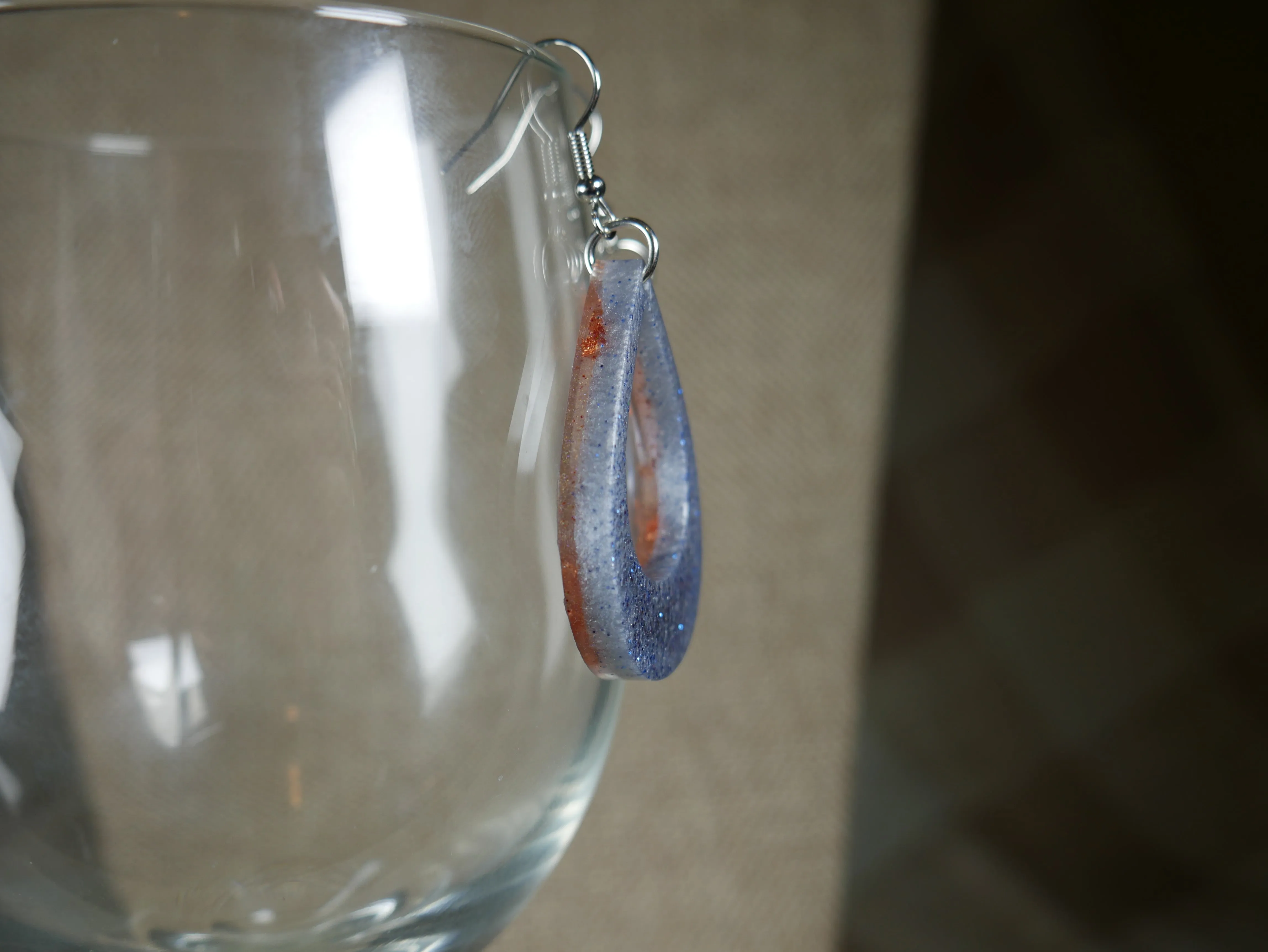 Blue, White and Silver Sparkly Resin Teardrop Loop Earrings
