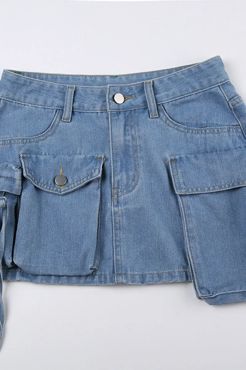 BQ3116 Denim Cargo Mini Skirt