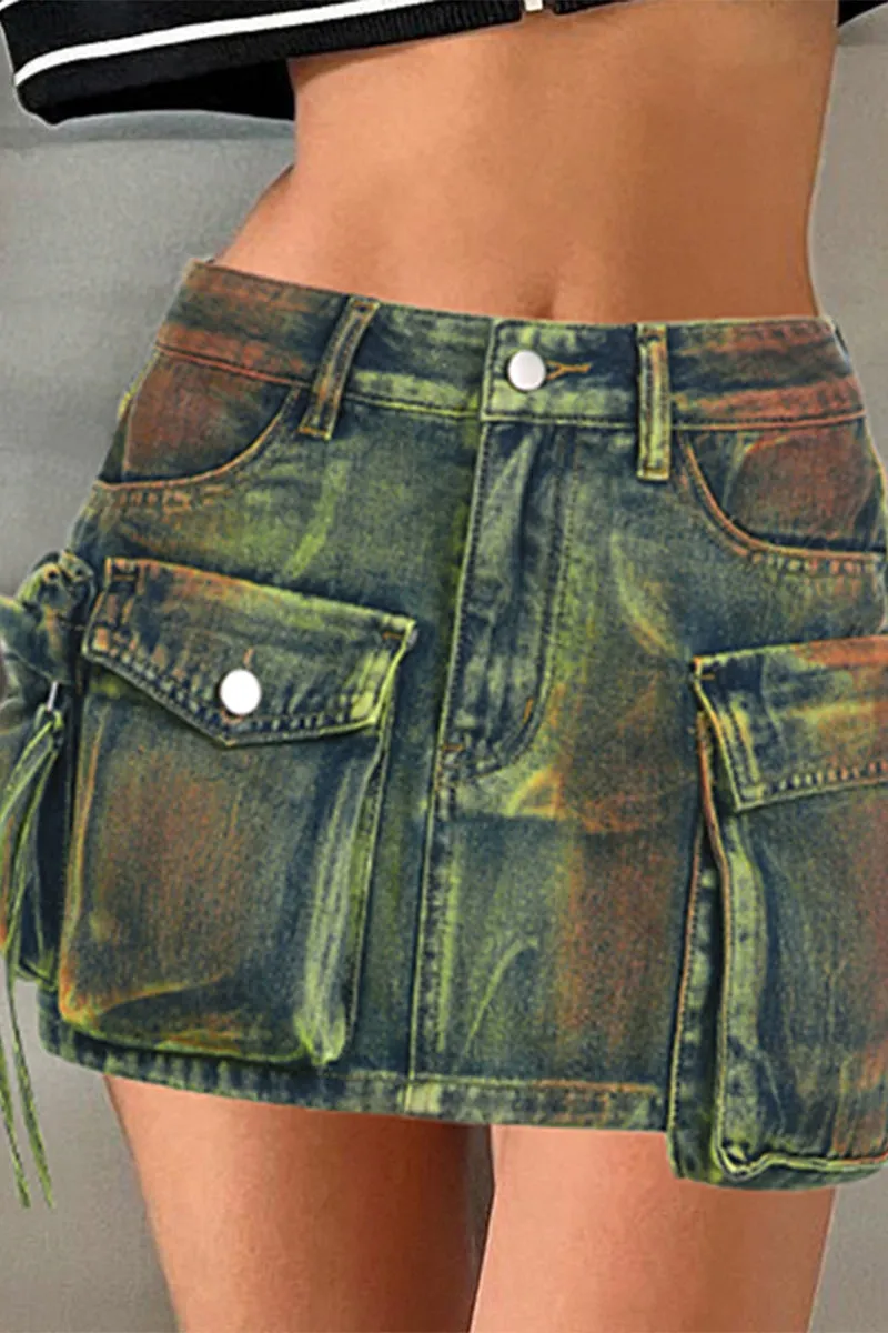 BQ3116 Denim Cargo Mini Skirt