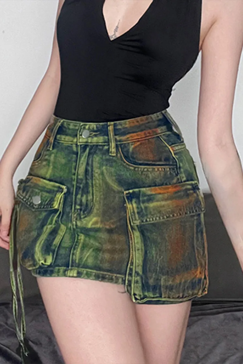 BQ3116 Denim Cargo Mini Skirt