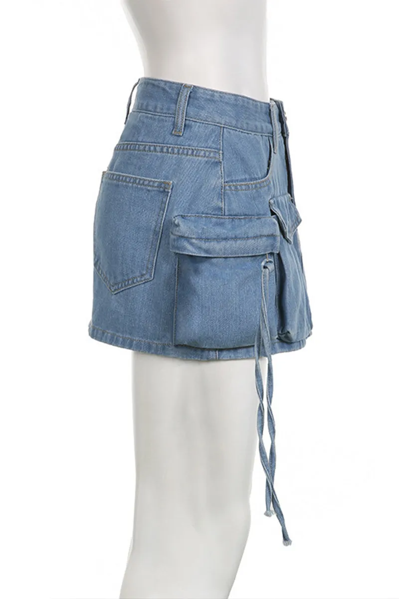 BQ3116 Denim Cargo Mini Skirt