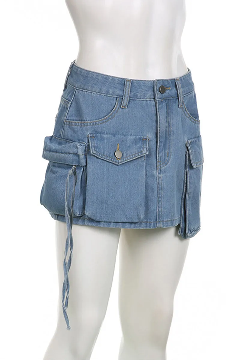 BQ3116 Denim Cargo Mini Skirt