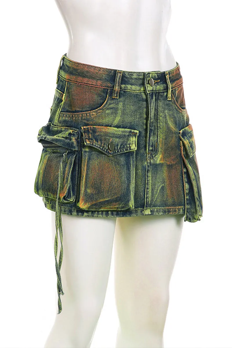 BQ3116 Denim Cargo Mini Skirt