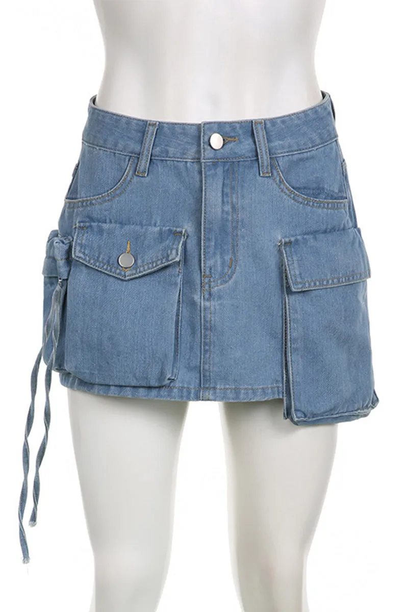 BQ3116 Denim Cargo Mini Skirt