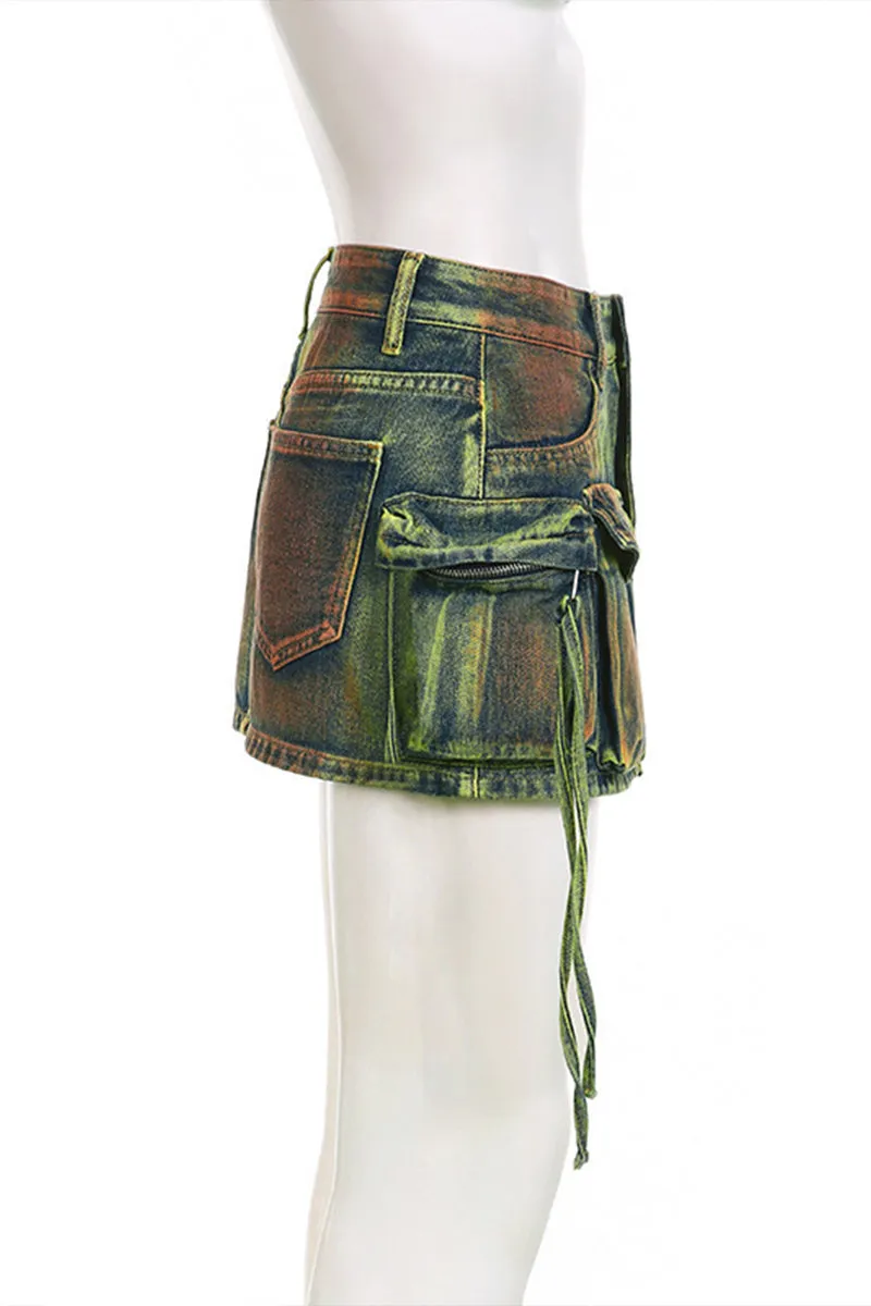 BQ3116 Denim Cargo Mini Skirt