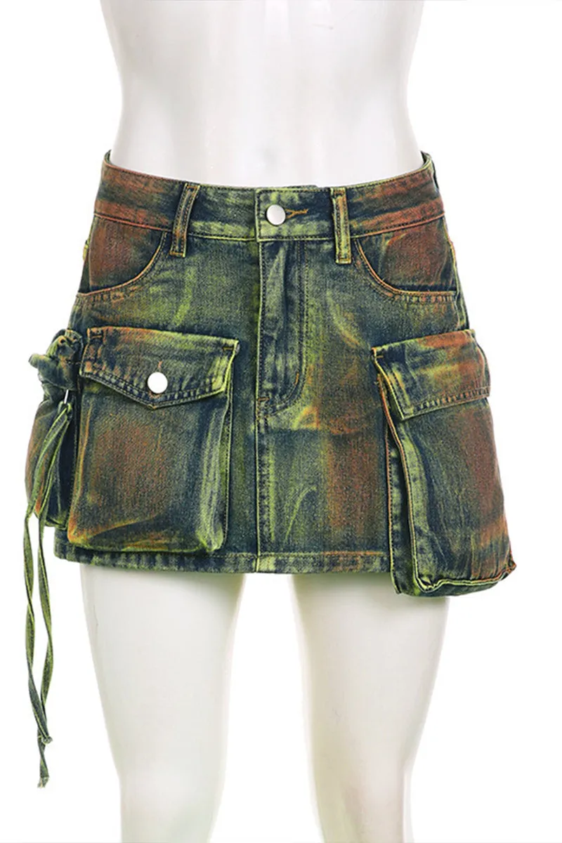 BQ3116 Denim Cargo Mini Skirt