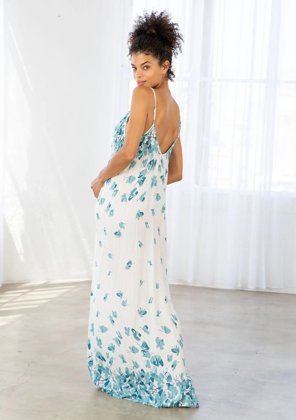 Butterfly Sleeveless V-Neck Maxi Dress